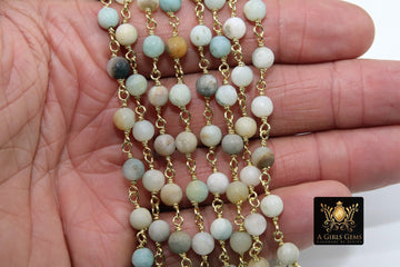 Natural Amazonite Rosary Chain, 4 mm Gold Wire Wrapped CH #354, Blue Stone Rosary Chain